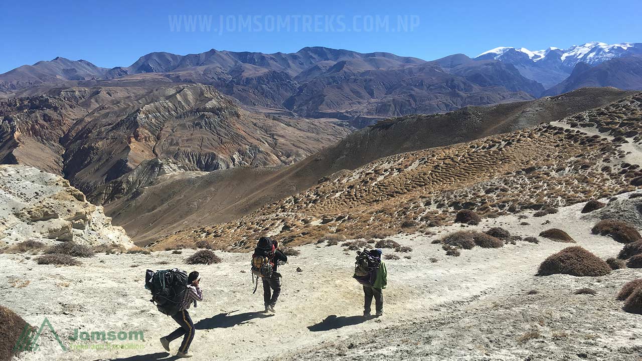 Porters are transporting the luggage from Lo-Manthang to Yara during the Upper Mustang trekking in Nepal.  