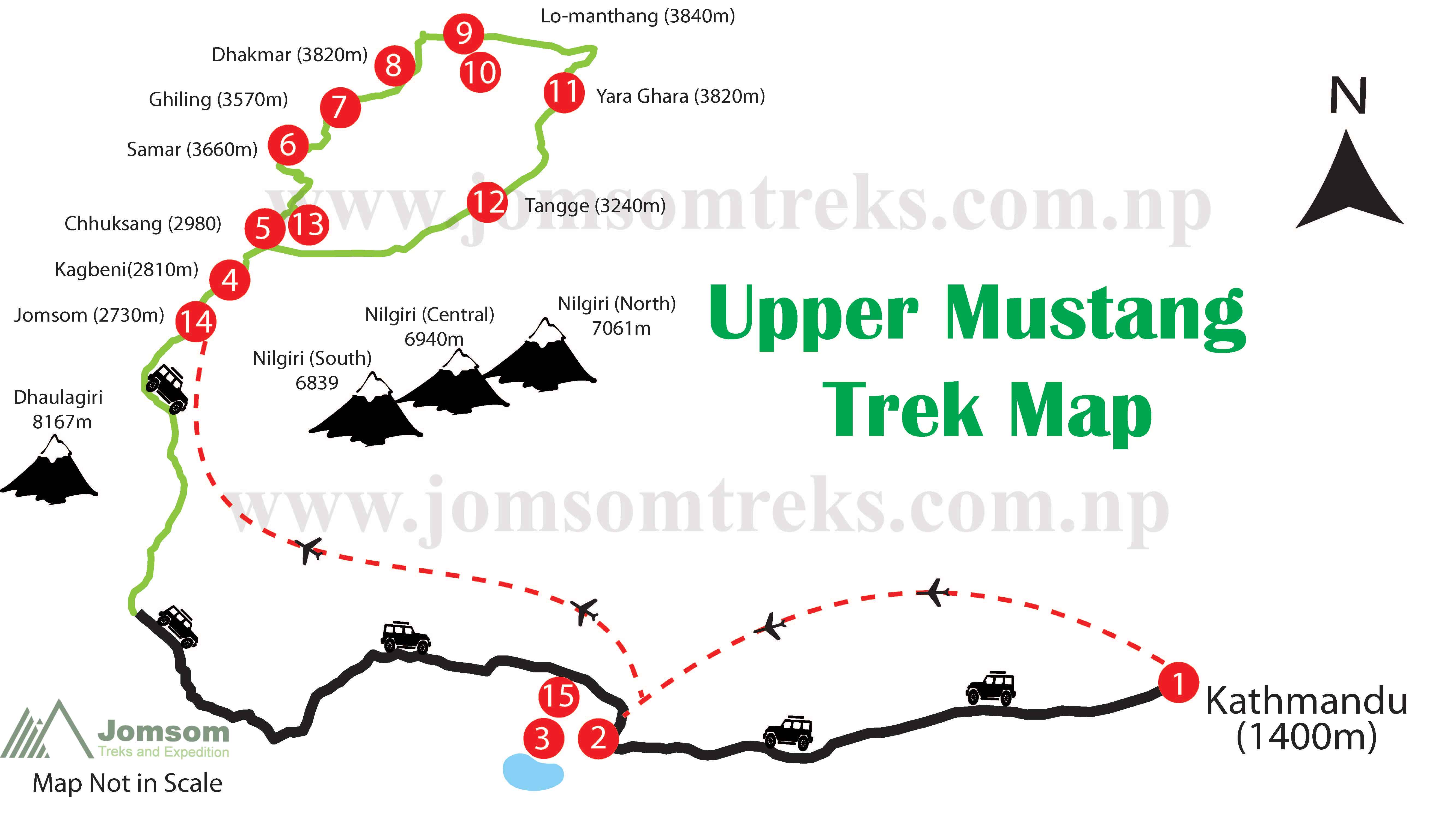 Upper Mustang Trekking Route Map, Nepal.